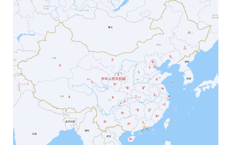業(yè)務(wù)范圍數(shù)字化，按照距離廣東的臨近省份分布做出1到7的順序，每個(gè)數(shù)字代表跟廣東的相鄰省份數(shù)字。